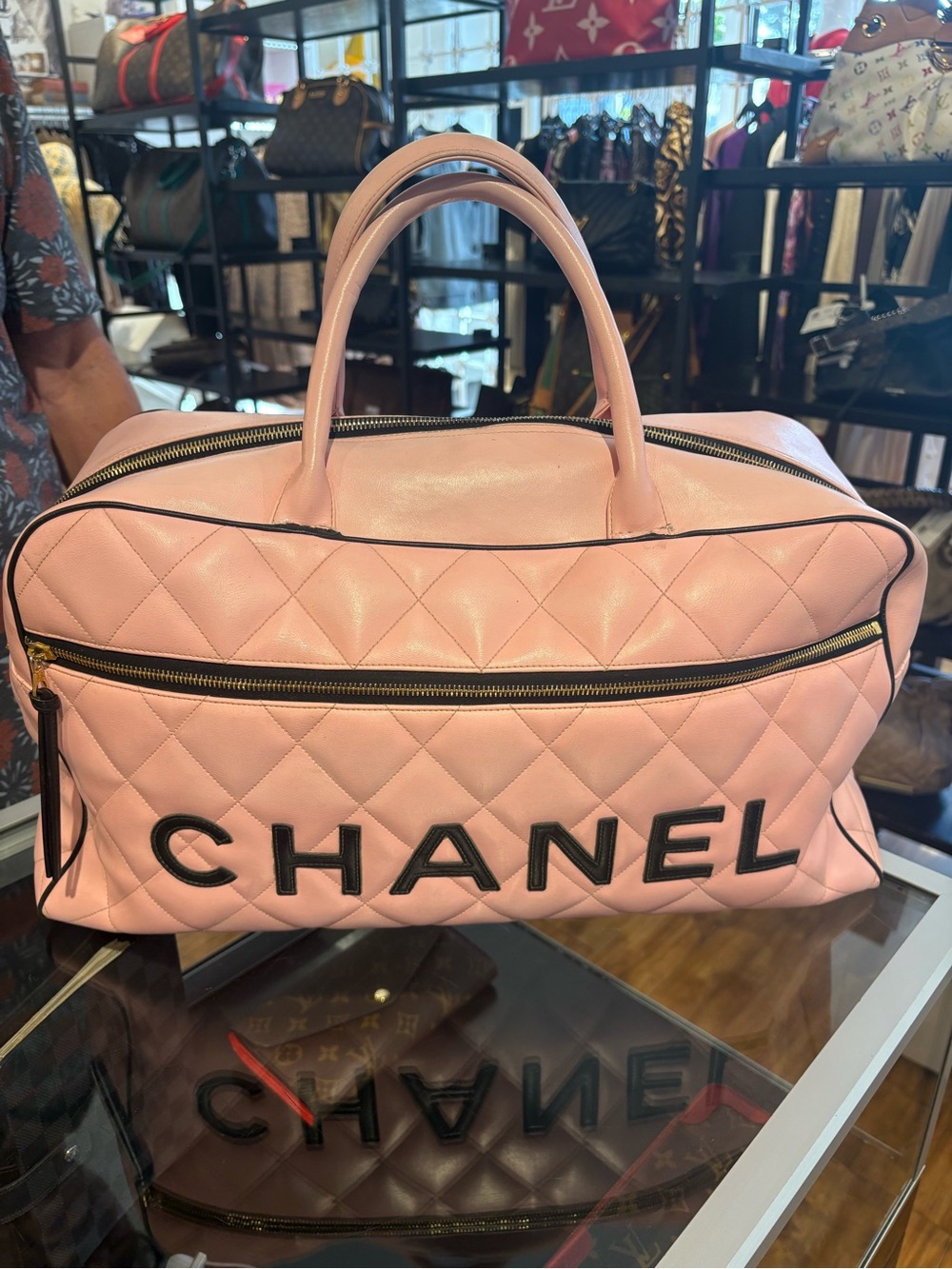 CHANEL Pink Quilted Leather Travel Duffle with Black Logo Trim